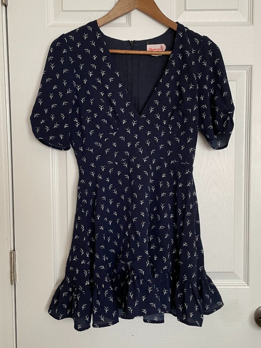 Showpo Navy Mini Dress Puff Sleeve V Neck Ruffle Hem Size US 4